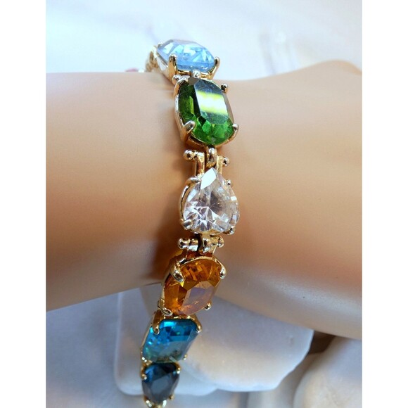 Chunky Gold Plated 925 SS Multi Color Gemstone Tennis Bracelet 7.25" - Picture 2 of 8